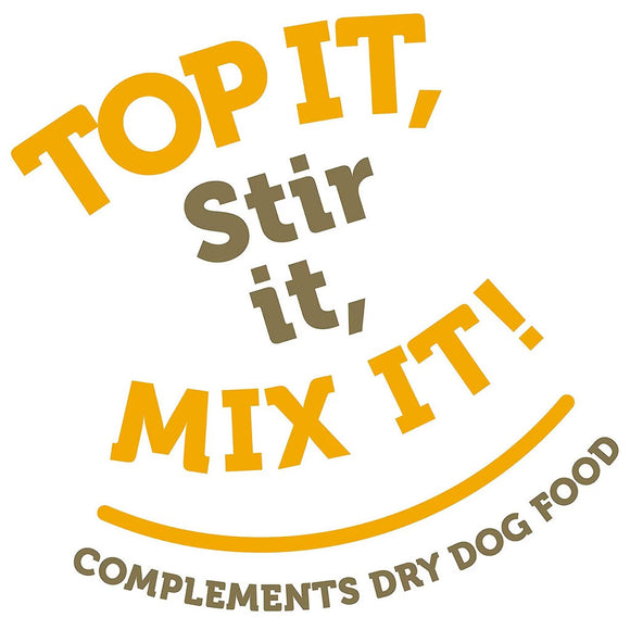 Textual instruction for mixing dry dog food with a smiley face design on a white background