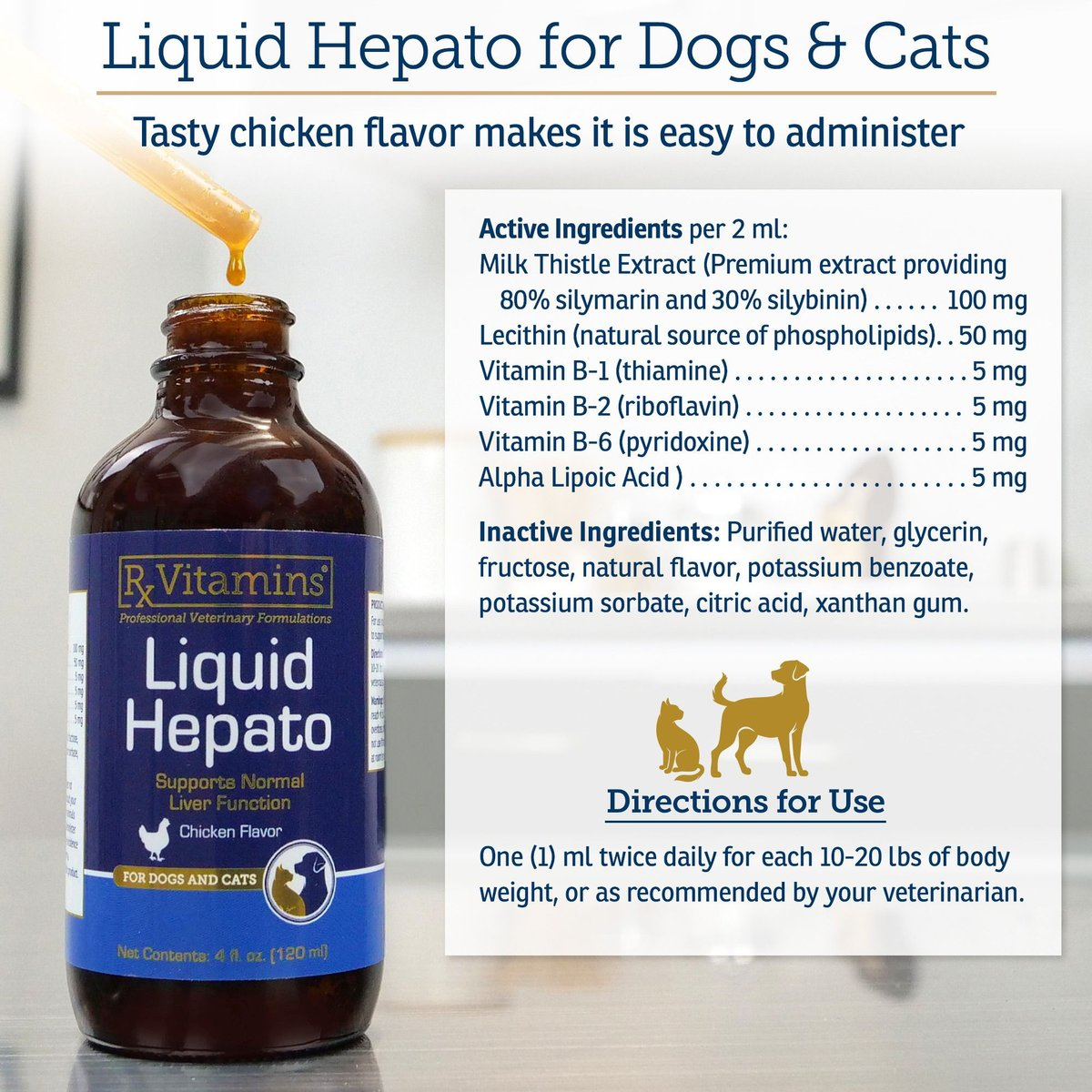 Rx Vitamins Hepato Liquid Liver Supplement for Dogs & Cat -Chicken Flavor (4 oz)