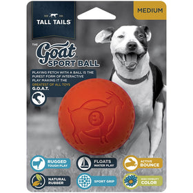 Red dog toy ball with packaging featuring a dog and Tall Tails branding.