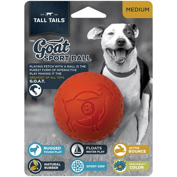 Red dog toy ball with packaging featuring a dog and Tall Tails branding.