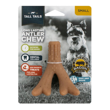 Dog chew toy packaging with Tall Tails branding and a dog in the background
