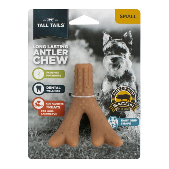 Dog chew toy packaging with Tall Tails branding and a dog in the background

