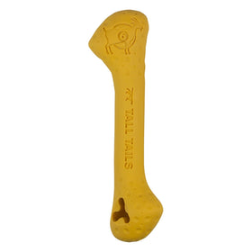 Yellow dog chew toy with 'Tall Tails' branding on a white background