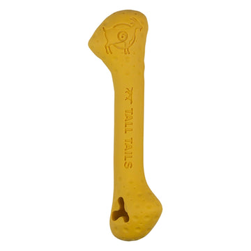 Yellow dog chew toy with 'Tall Tails' branding on a white background