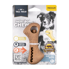 Dog treat bone chew with packaging featuring a dog and Tall Tails branding.
