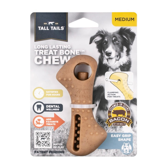 Dog treat bone chew with packaging featuring a dog and Tall Tails branding.
