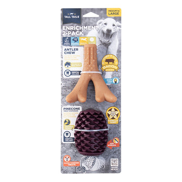 Dog toy packaging with two toys: a brown antler chew and a dark brown pinecone-shaped toy, on a white background.
