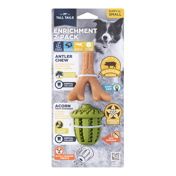 Dog toy packaging with two toys: an antler chew and an acorn treat dispenser, on a white background.
