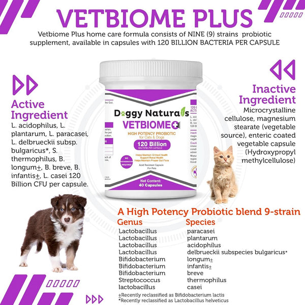 VetBiome Plus High Potency Probiotics Capsules for Dogs & Cats (40 Count)