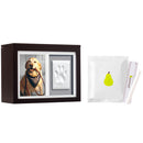 Decorative box with a photo of a dog, a handprint, and a pear illustration on a white background.