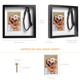 Two black frame displays with a dog and person, showing dimensions and compatibility with dog collars.
