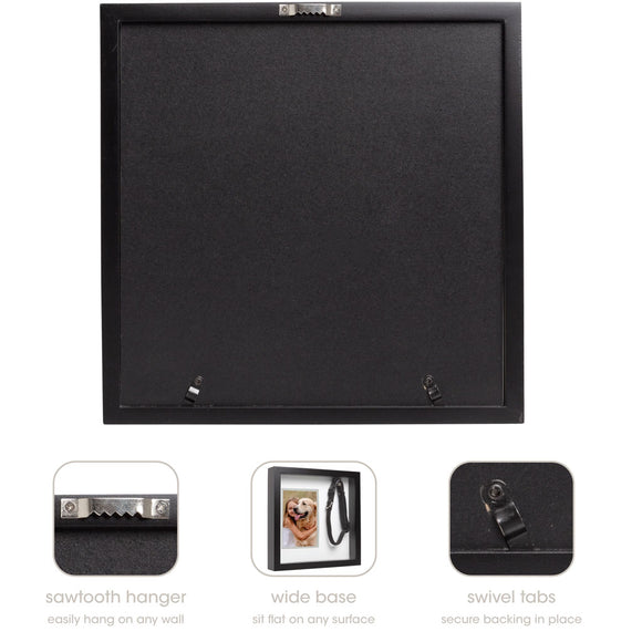 Black picture frame with sawtooth hanger, wide base, and swivel tabs on a white background.