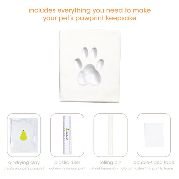 Set of items for making a pet's pawprint keepsake including air-drying clay, plastic ruler, rolling pin, and double-sided tape.