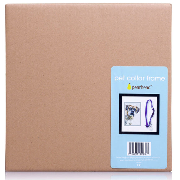 Cardboard box with a Pearhead pet collar frame label on a white background