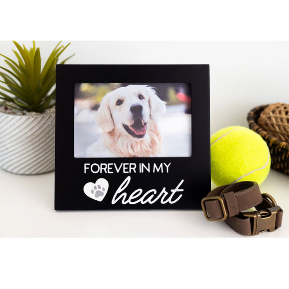 Black photo frame with a dog picture and 'Forever in my heart' text, next to a tennis ball and dog collar.