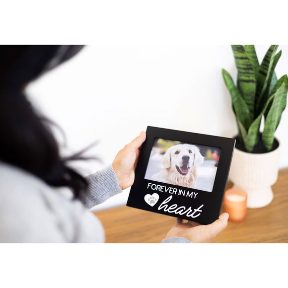 Person holding a black photo frame with a dog picture and 'Forever in my heart' text, plant and candle in the background.