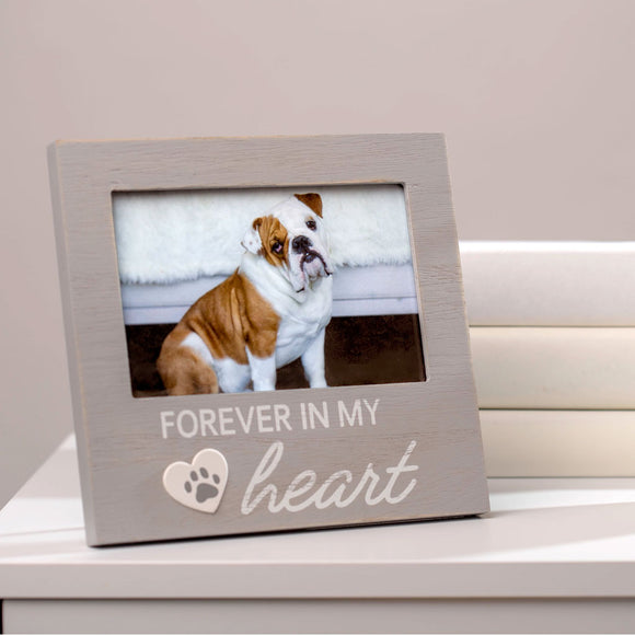 Photo frame with a dog picture and 'Forever in my heart' text on a white surface.