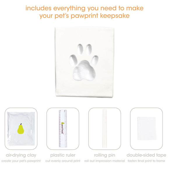 Pet pawprint keepsake kit with air-drying clay, plastic ruler, rolling pin, and double-sided tape on a white background.