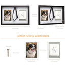 Framed pet portrait with handprint and leash, showing dimensions and compatibility with various collars.