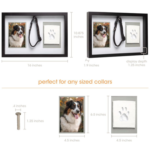 Framed pet portrait with handprint and leash, showing dimensions and compatibility with various collars.