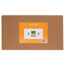 Cardboard box with an orange label featuring a pawprints frame design on a white background
