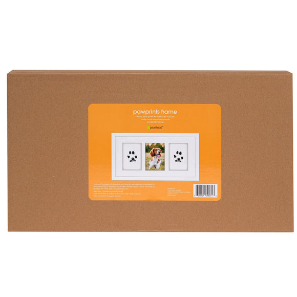 Cardboard box with an orange label featuring a pawprints frame design on a white background
