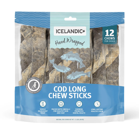 Icelandic+ Hand Wrapped Cod Skin Long Chew Stick Dog Treats.