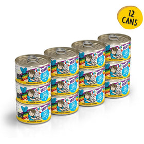  twelve cans of cat food with colorful labels on a white background