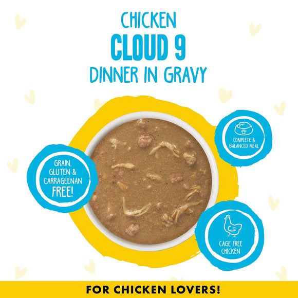 Dog food package labeled 'Chicken Cloud 9 Dinner in Gravy' with health benefits on a white background.