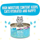 Cat food can with a cartoon cat on top, surrounded by water droplets and text about high moisture content.