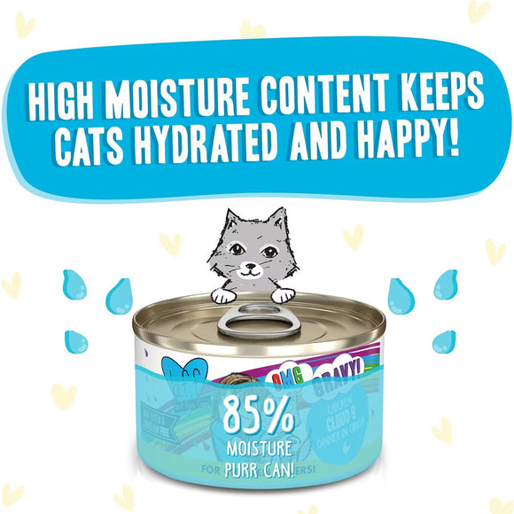 Cat food can with a cartoon cat on top, surrounded by water droplets and text about high moisture content.