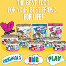 Collection of pet food cans and packaging with promotional text on a yellow background