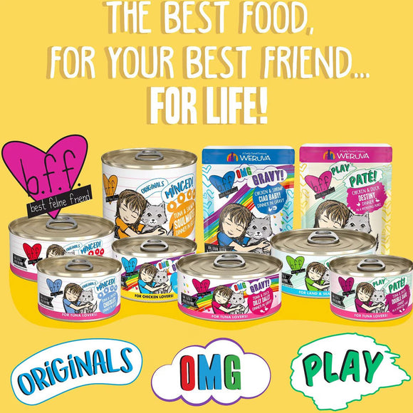 Collection of pet food cans and packaging with promotional text on a yellow background