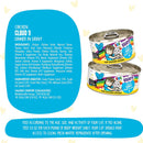 Cat food can with label and nutritional information on a blue background