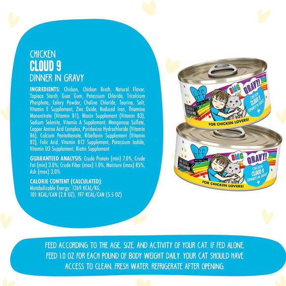 Cat food can with label and nutritional information on a blue background