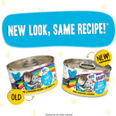 Two cans of cat food with new and old packaging designs on a white background.