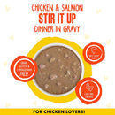 Dog food package with chicken and salmon text, featuring a bowl of dog food on a white background.