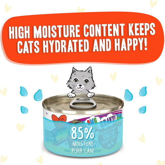 Cat canned food with text about high moisture content for cats