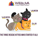 Three cartoon cats with names Webster, Vanessa, and Rudi, and Weruva logo above.