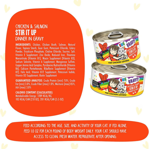 Cat food cans with colorful labels and an orange label with text.