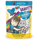 Pet food package with colorful design featuring a boy and cat, and brand 'Weruva' visible.