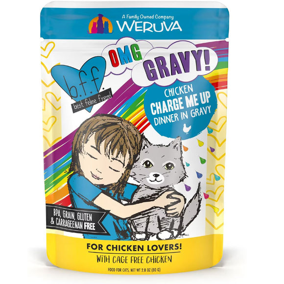 Pet food package with colorful design featuring a boy and cat, and brand 'Weruva' visible.