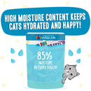 Weruva cat food pouch with text about high moisture content on a white background