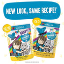 Two packages of Weruva cat food with text 'New Look, Same Recipe!' above them.