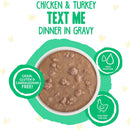 Cat food bowl with chicken and turkey text me dinner in gravy on a white background