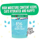 Weruva cat food pouch with text about high moisture content on a white background