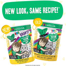 Two cat food packages side by side with text indicating 'New Look, Same Recipe' and brand name 'Weruva'.