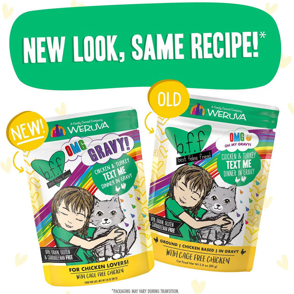 Two cat food packages side by side with text indicating 'New Look, Same Recipe' and brand name 'Weruva'.