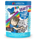 Cat food pouch with colorful design featuring a child and cat, brand 'Weruva' visible