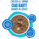 Cat food bowl with chicken and shrimp in gravy, labeled 'Ciao Baby!' on a white background with blue accents.